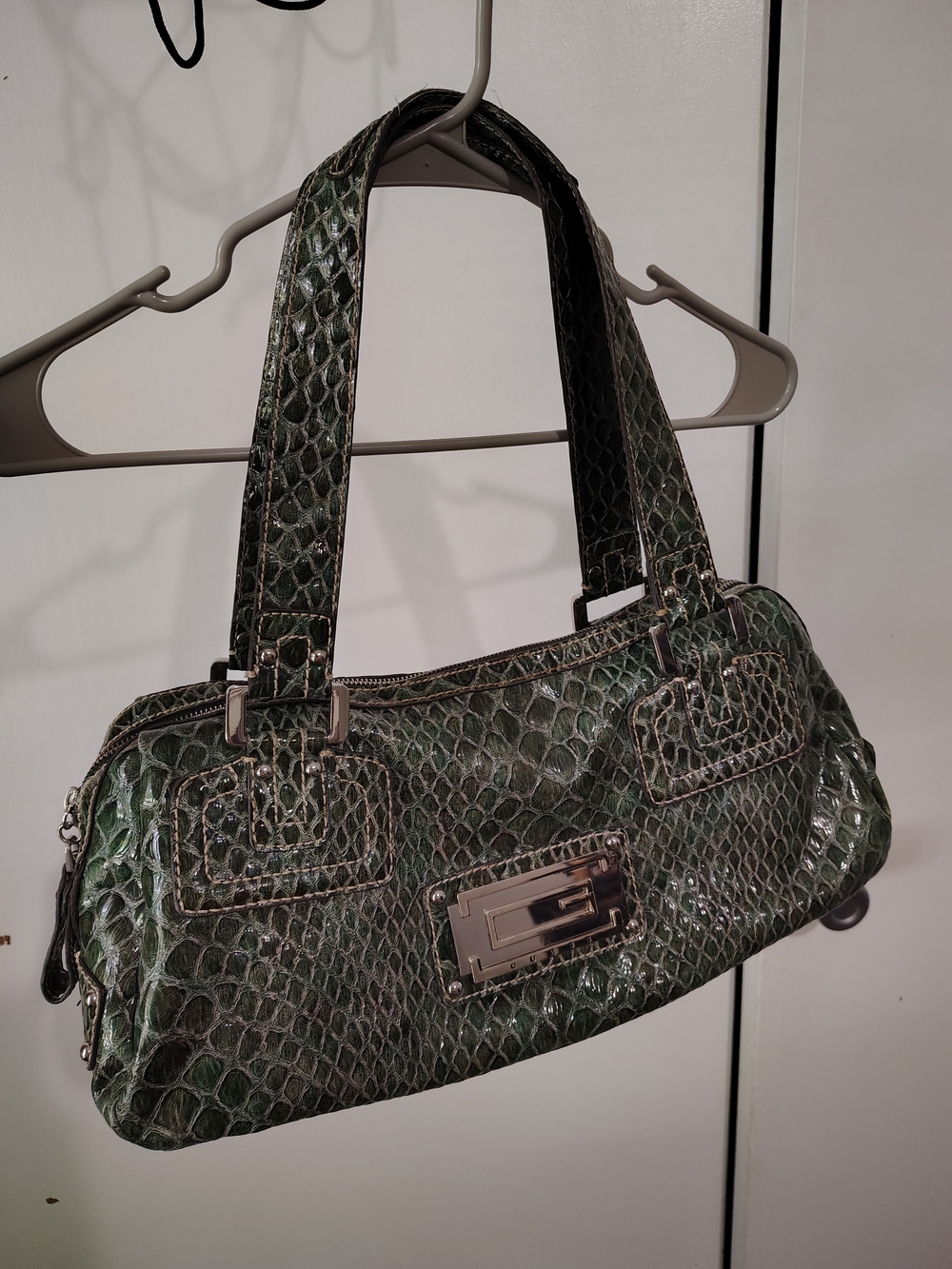 Green Embossed Snake-Print Shoulder Bag